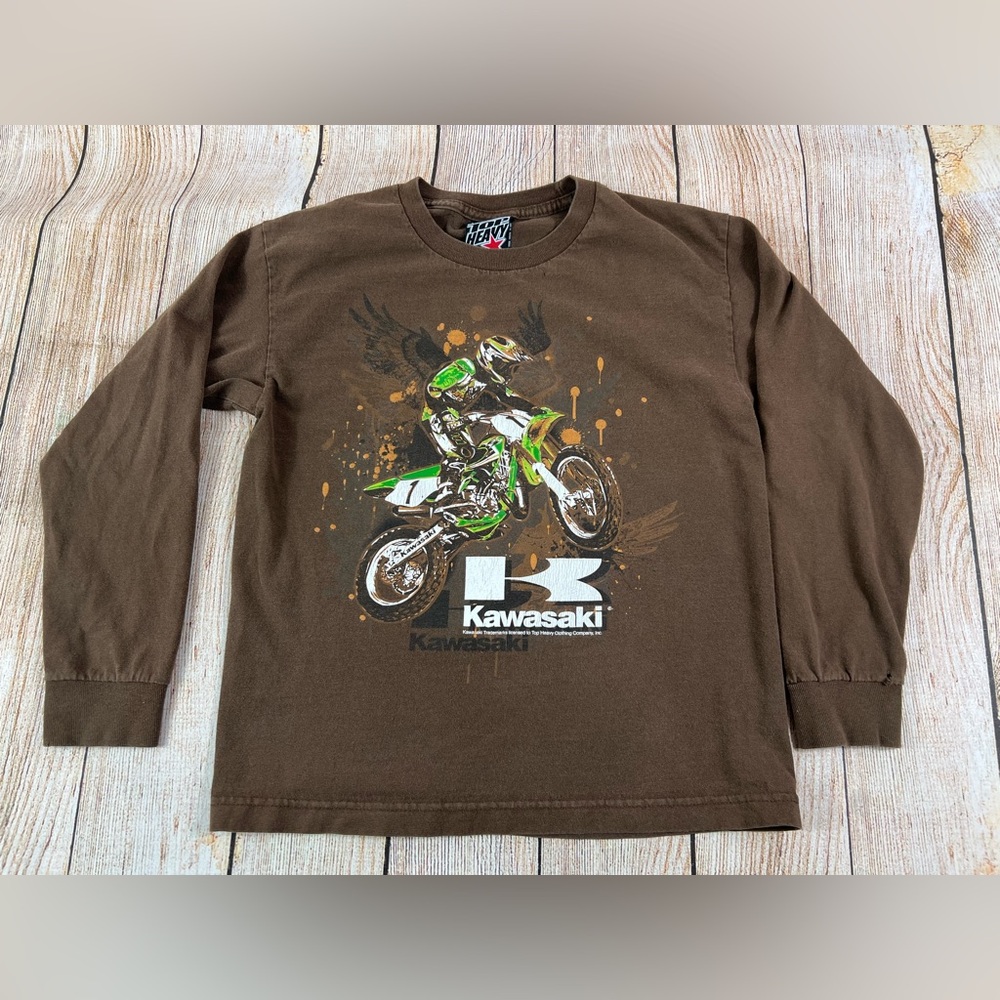 Kawasaki Top Heavy Youth Medium Brown Long Sleeve Motocross Y2K T Shirt